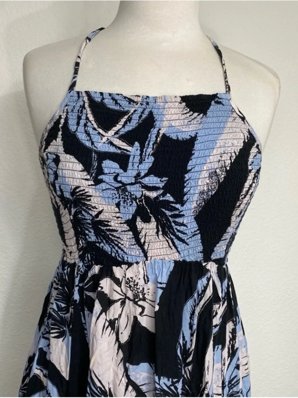 Free People Womens Blue Tropical Floral Smock Midi Dress Size Large Boho Coastal